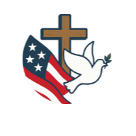 Cross over a waving American flag with a white dove, symbolizing faith, patriotism, and peace.